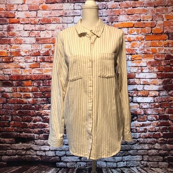 THREAD & SUPPLY WOMENS CREAM & TAN STRIPED FLANNEL BUTTON DOWN SHIRT SIZE LARGE - Picture 1 of 13